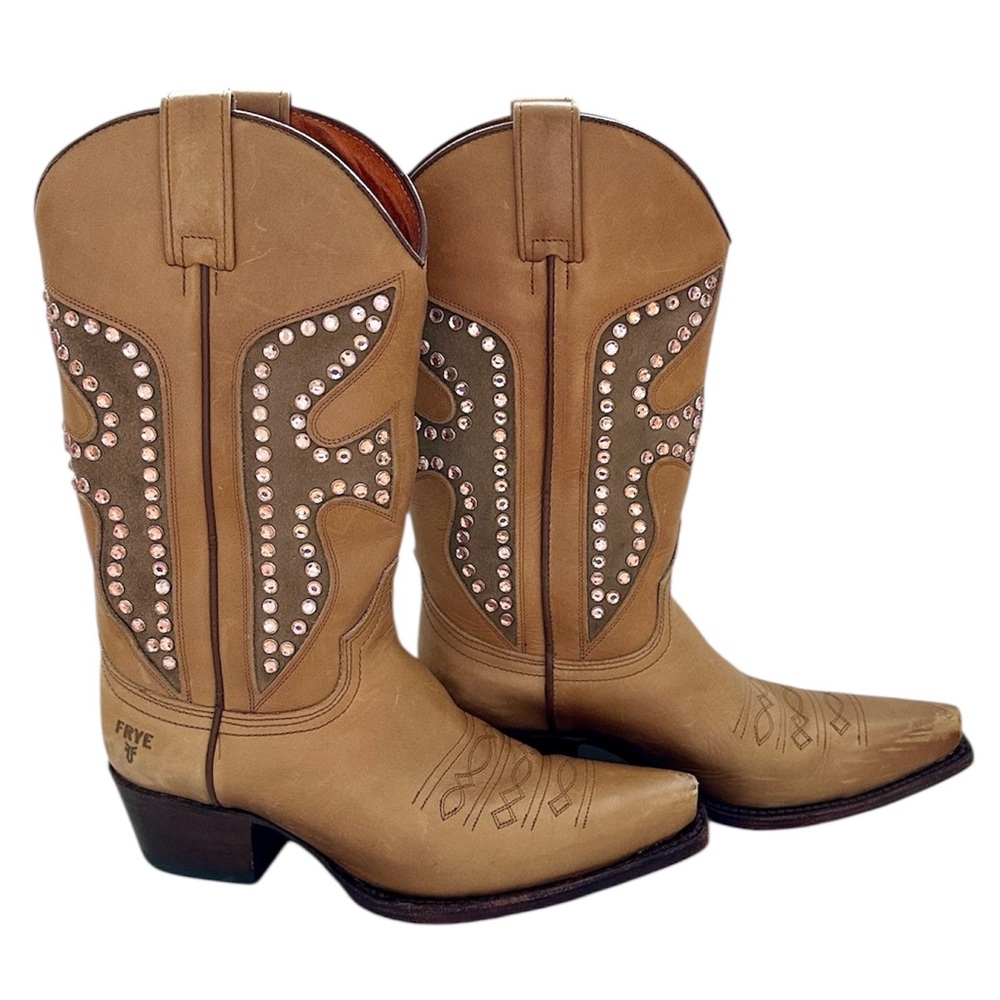 Frye Daisy Duke Crystals Western Boots Antique Gold Pink Rhinestones Size 6
